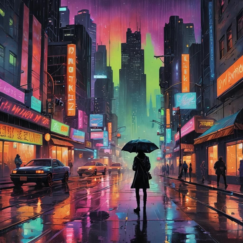 Neon Cyberpunk City at Night: Watercolor Art