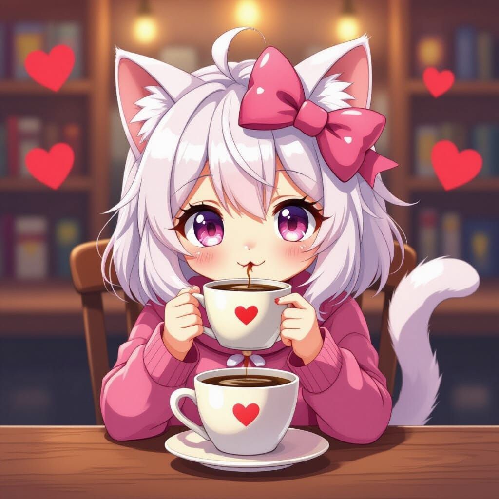 Cute Anime Pink Cat-Girl Drinking Coffee