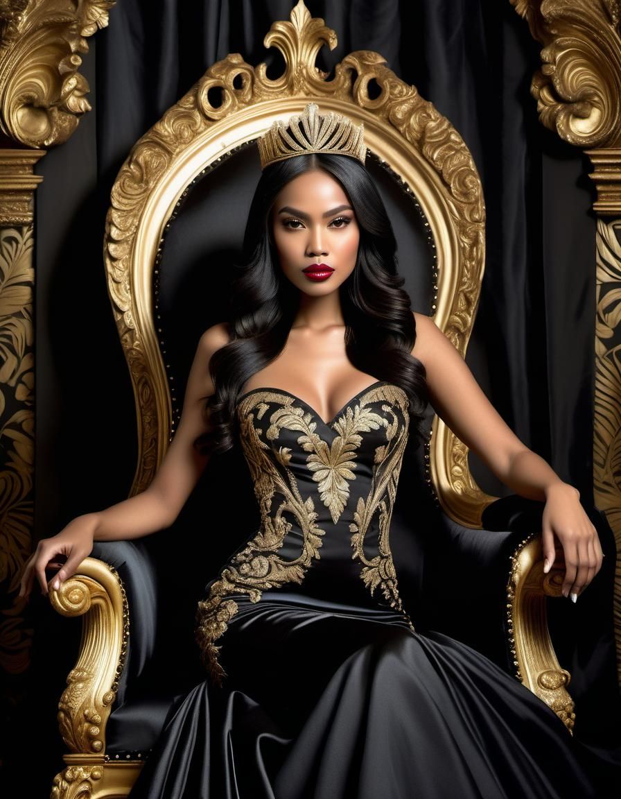 Young Indonesian Woman on Throne in Dark Room