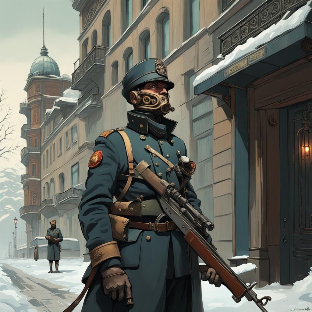 Soldier Guarding Embassy in Dark, Detailed Style