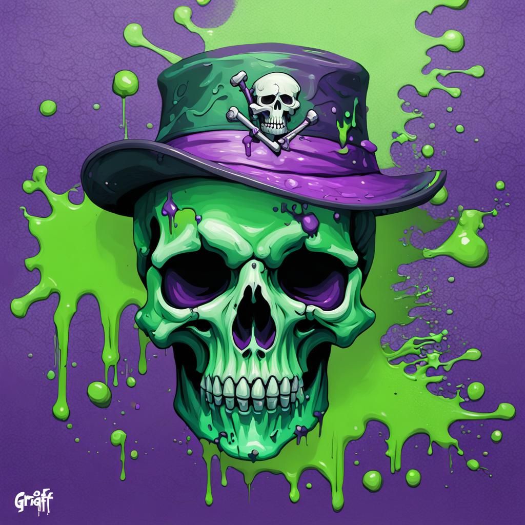 Fantasy RPG Skullbones in Violet and Green Graffiti Art