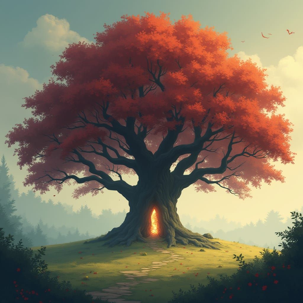 Ancient Oak Tree With Magical Portal In Misty Clearing