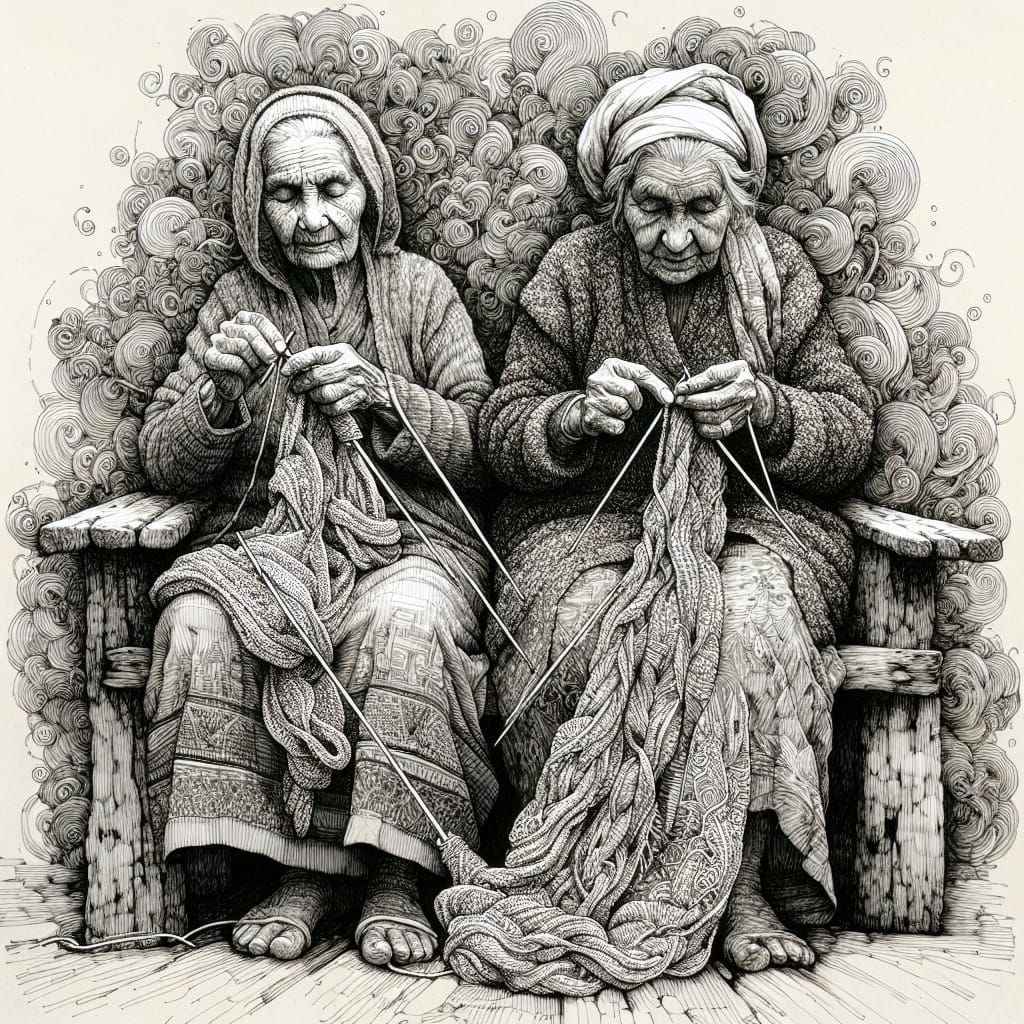 Intricate Illustration of Two Women Knitting Sweaters