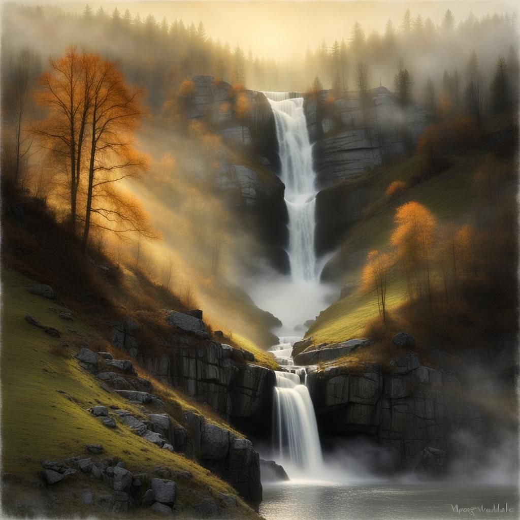 Misty Sunrise Waterfall in a Serene Valley Landscape