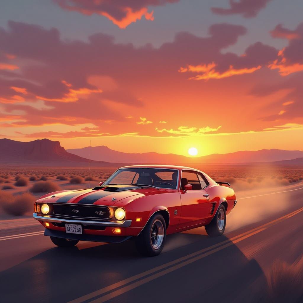 Classic Muscle Car on Desert Highway at Sunset
