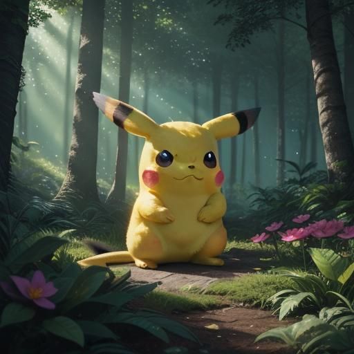 Ethereal Pikachu Amidst Vibrant Forest in Fantasy Concept Ar...