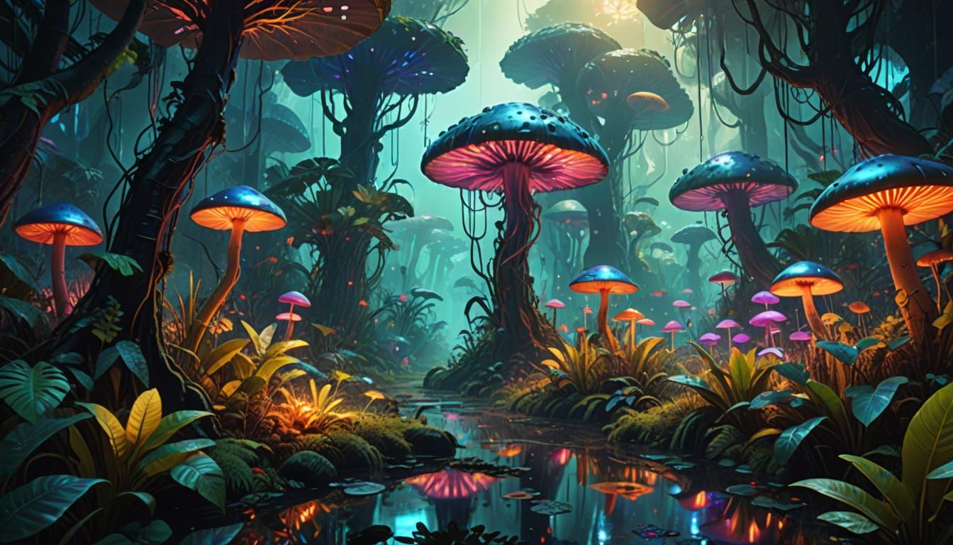 Futuristic Jungle with Iridescent Blooms in Triadic Colors