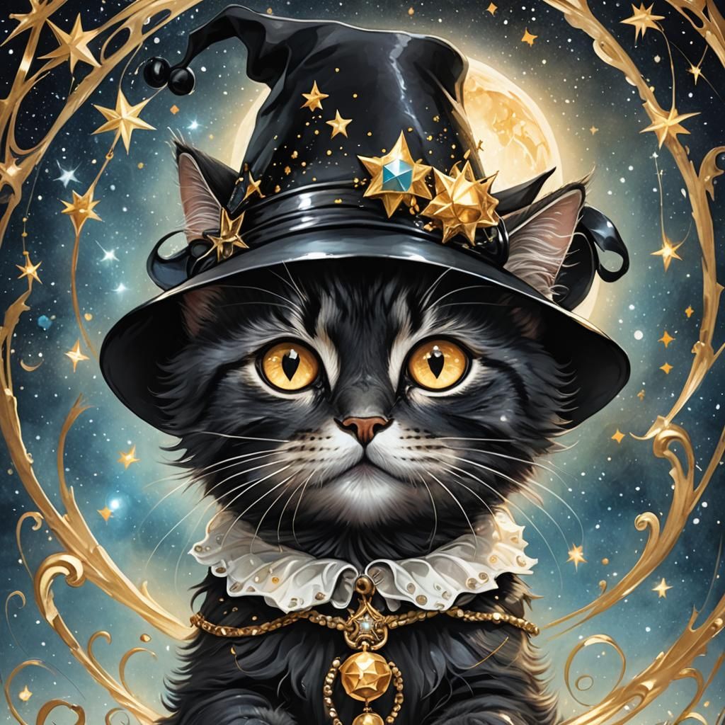 Whimsical Black Cat Wizard Juggling Energy Spheres