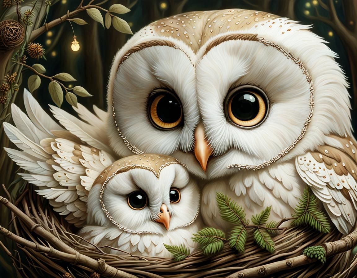 Chibi Owls Cuddle in Magical Forest, Watercolor Painting
