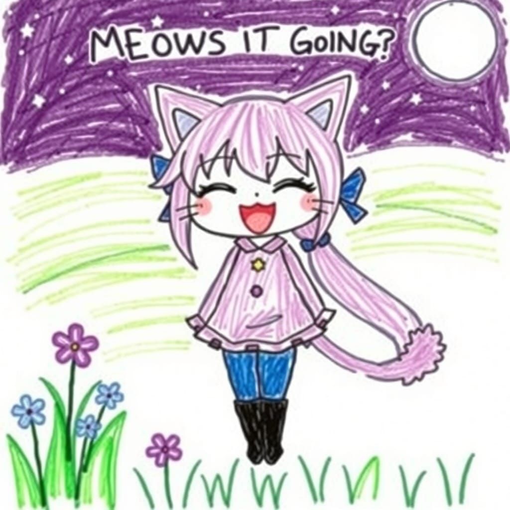 Childlike Crayon Drawing of Anime Catgirl