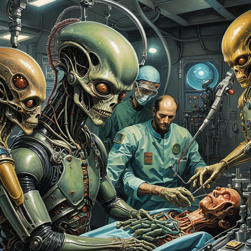 Eerie Alien Surgery in Vivid Oil Painting Style