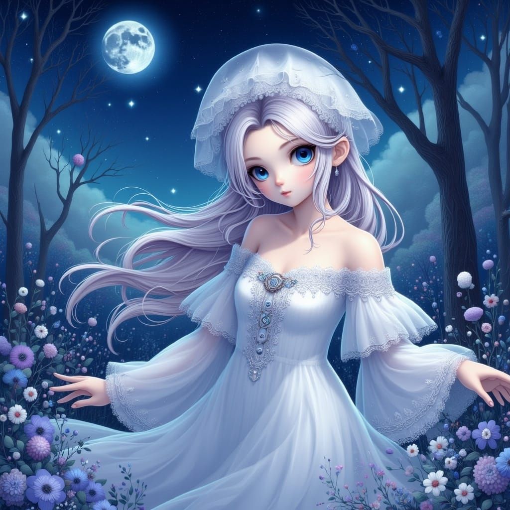 <lora:Ultra Cute Flux:1.0> Yuna de final Fantasy les  yeux bleus levés vers le ciel étoilé scintillantes, BEAUX VETEMENT...