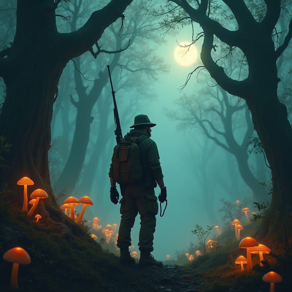 Hunter in Mystical Forest at Night with Rifle and Walkie-Tal...