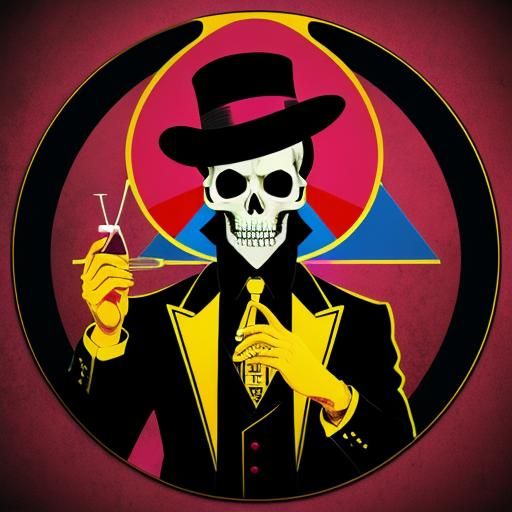 Pop Art Skull with Hat, Cigarette and Wine