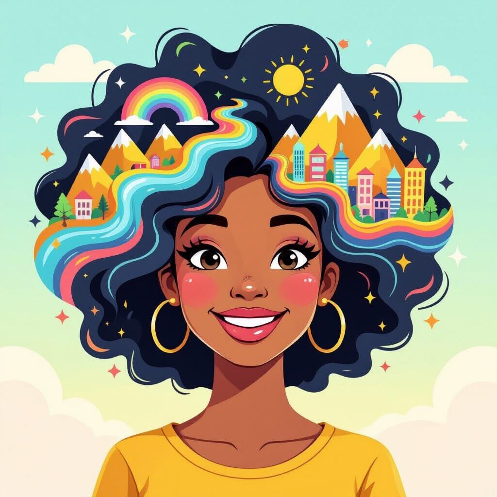 Whimsical Cartoon Portrait of Woman Filled with Landscape