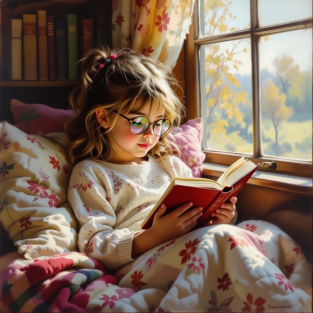 Young Girl Reading in Cozy Window Seat, Morning Light