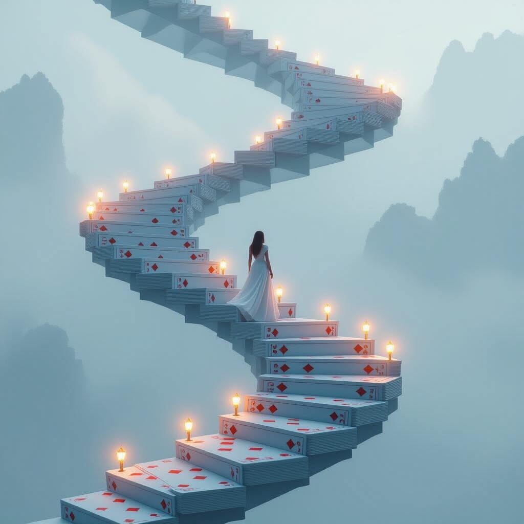 Magical Card Staircase in Dreamlike Style