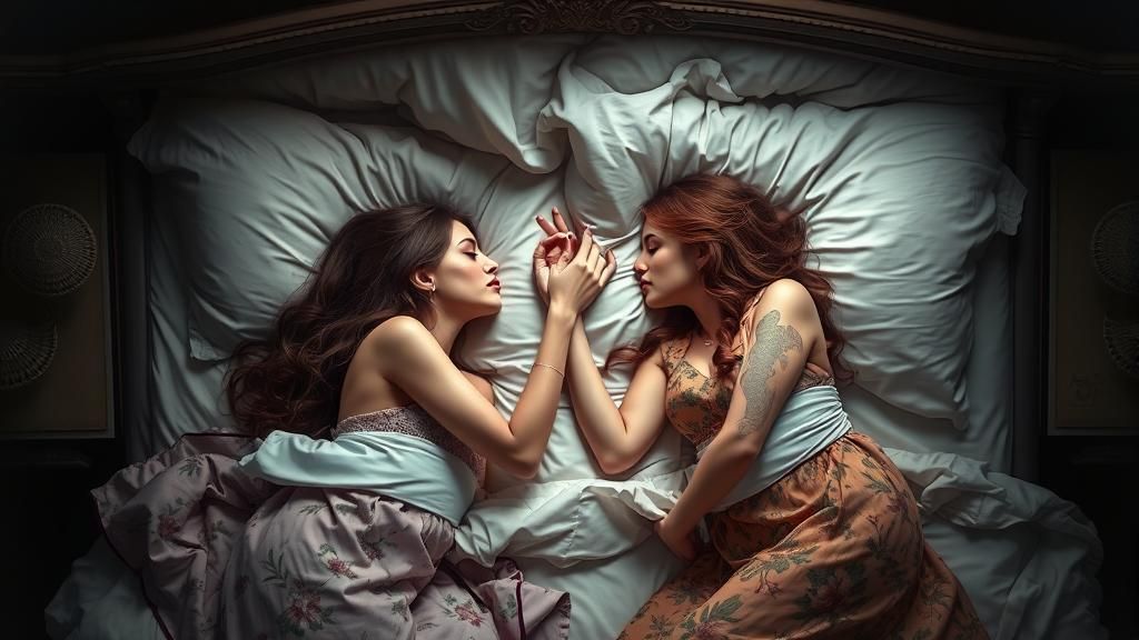 Two Women Kissing in Bed: Cinematic Digital Art