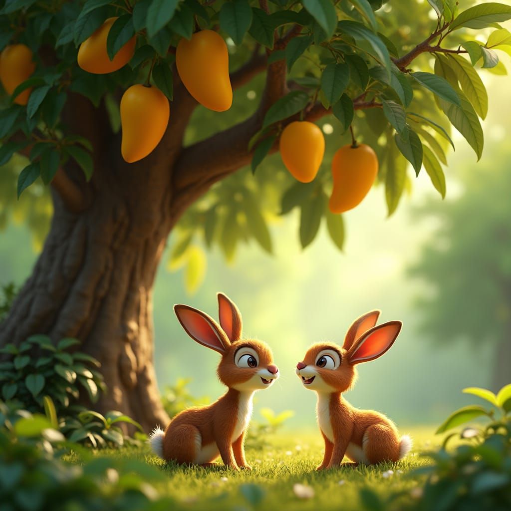 Rabbit and Deer Under Mango Tree, 3D Render