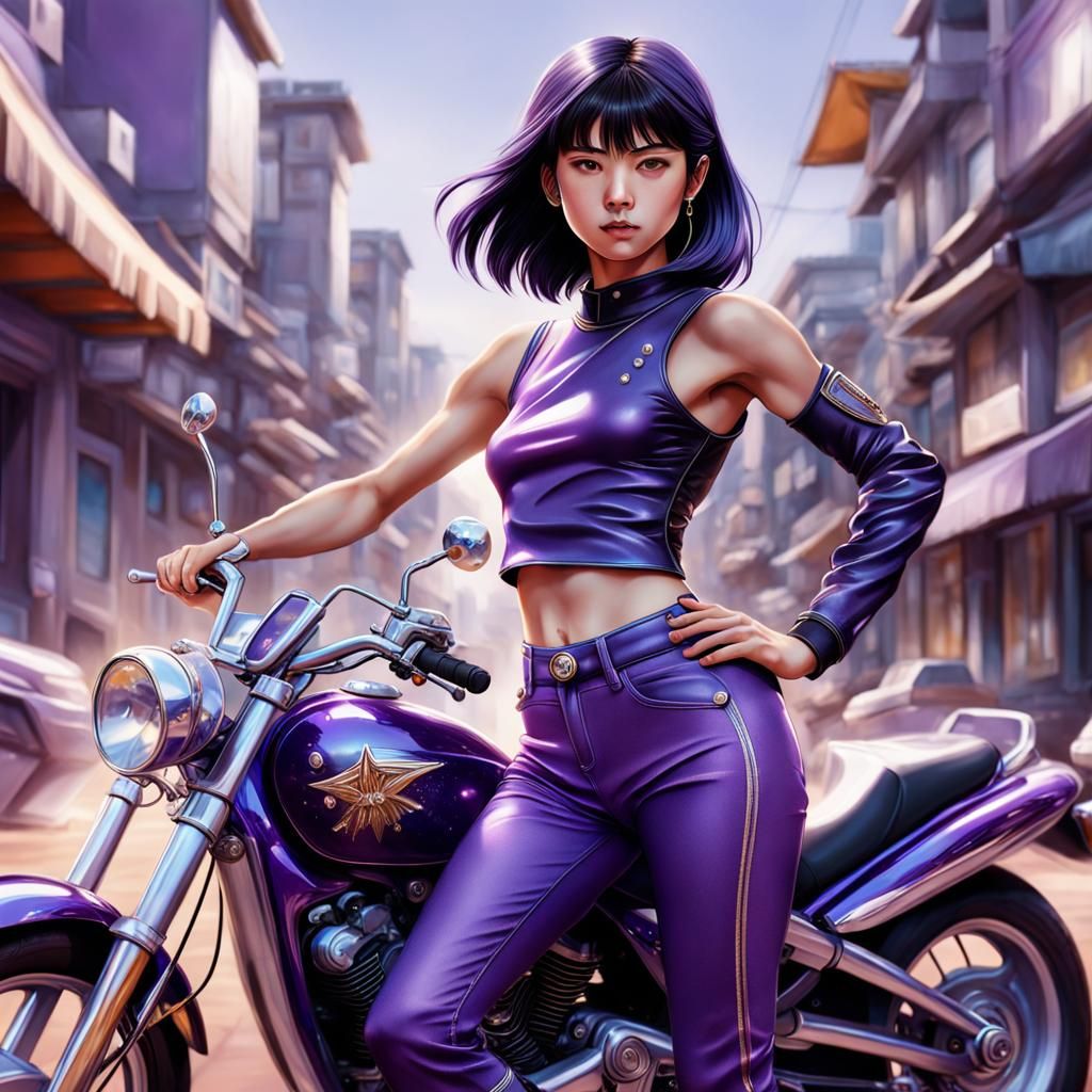 Sailor Saturn Rides Motorcycle: Hyperrealistic Splash Art