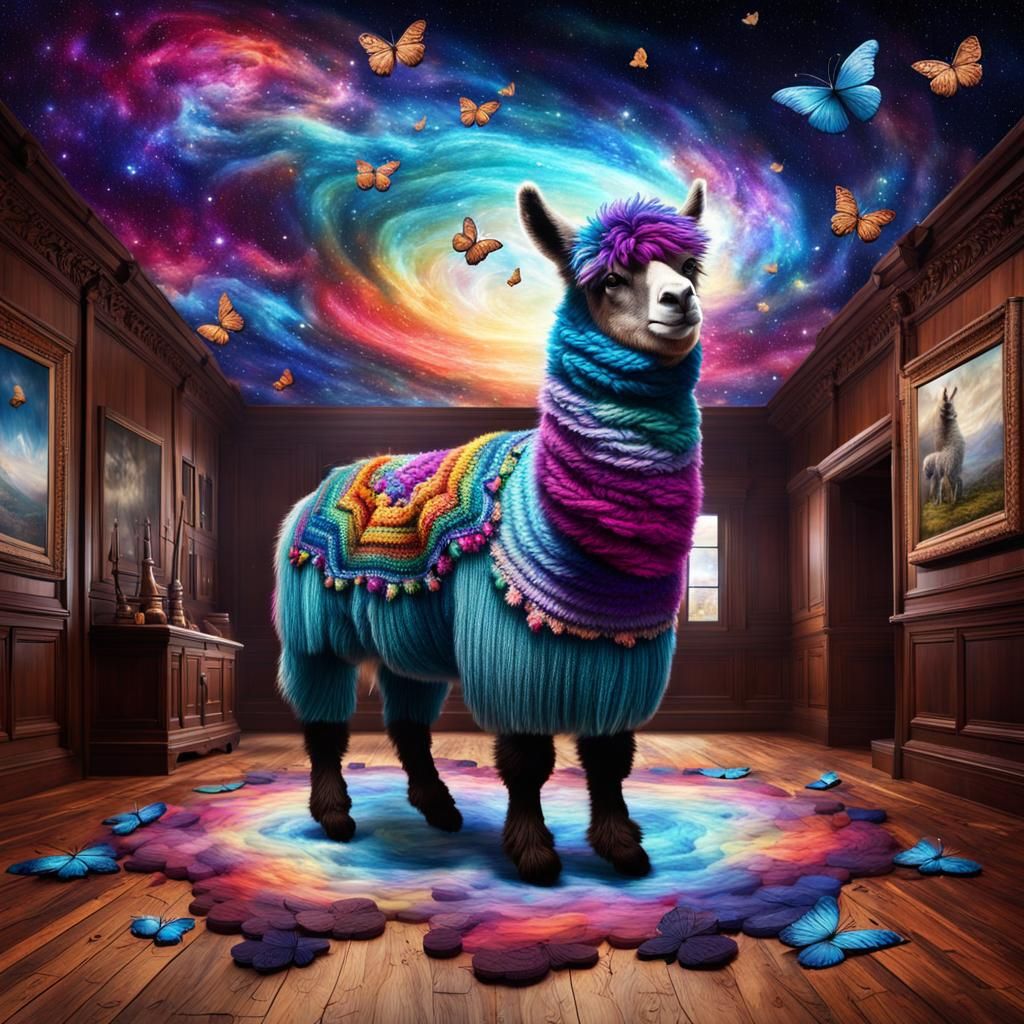 Cosmic Knitted Llama Floats in Woolen Dreamscape