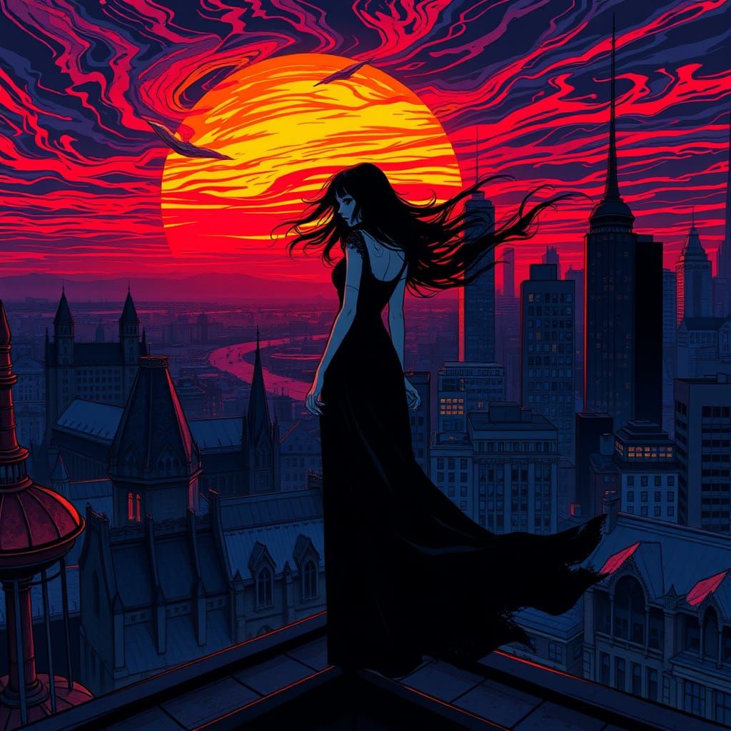Gothic Sunset Silhouette in a Moody Cityscape