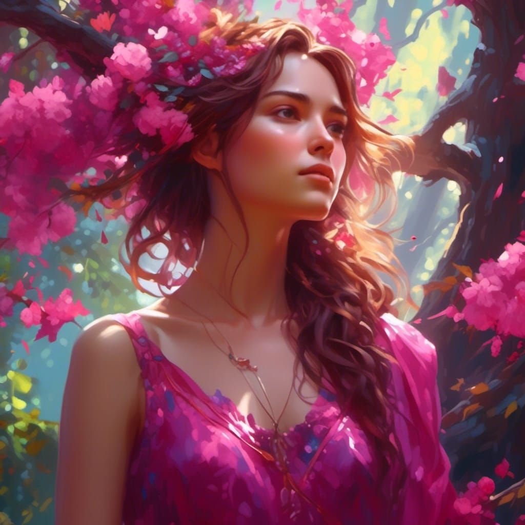 Girl in Magenta Dress Smelling Flowers