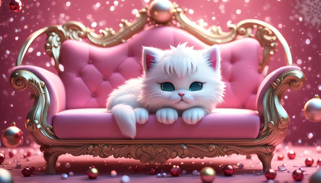 white fluffy chibi kitten with diadem jewels christmas christmas snowflakes on baroque pink sofa sleeping 3D Game Cinema...