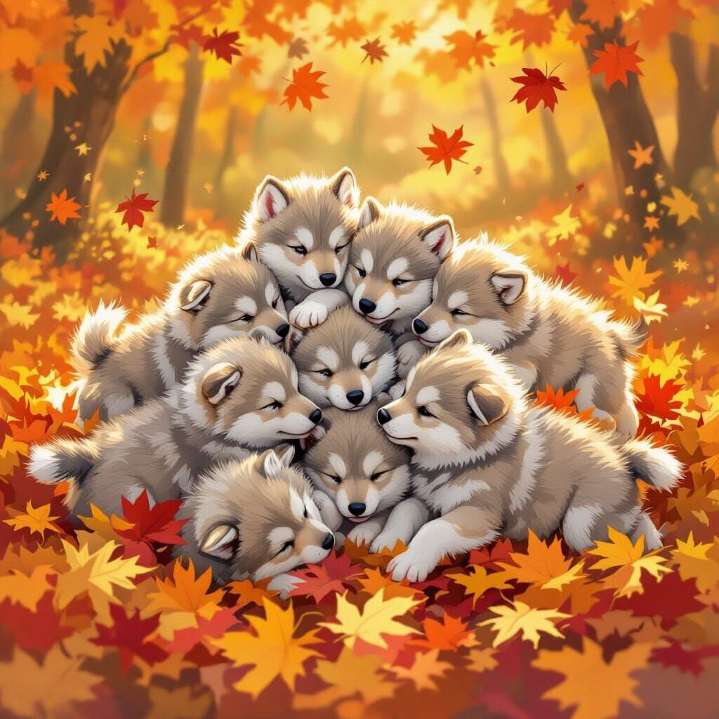 Newborn Wolf Puppies Play in Fall Leaves