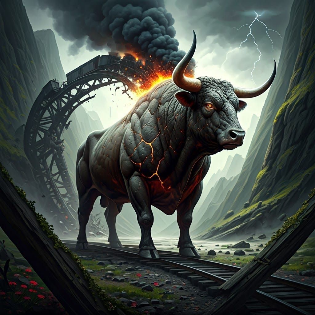 Mighty Bull Defies Stormy Canyon Landscape
