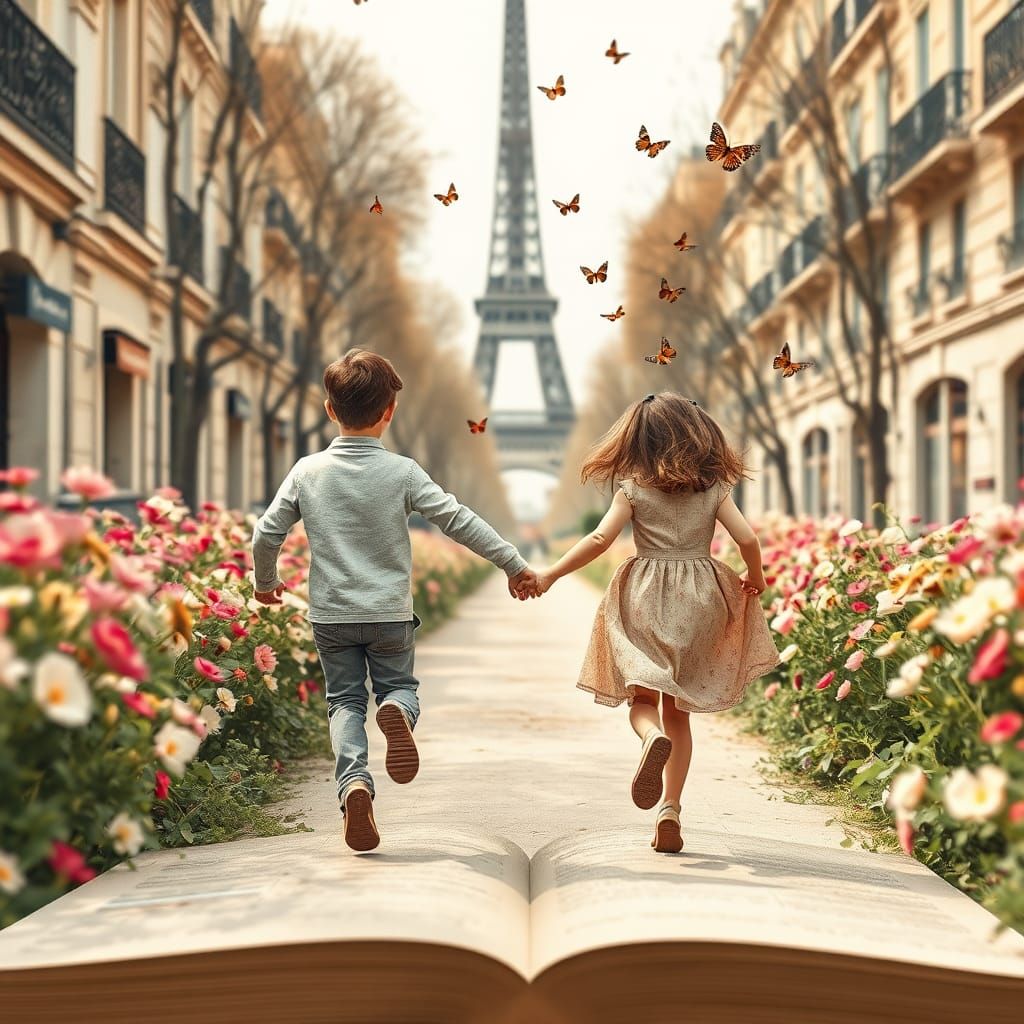 Children Chase Butterflies to Eiffel Tower in Watercolor