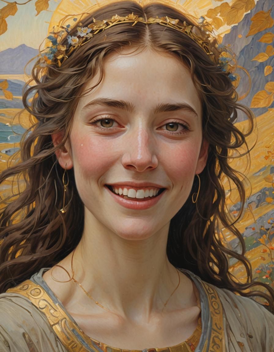 Woman's Ecstatic Joy in Klimt-Friedrich-Waterhouse Style