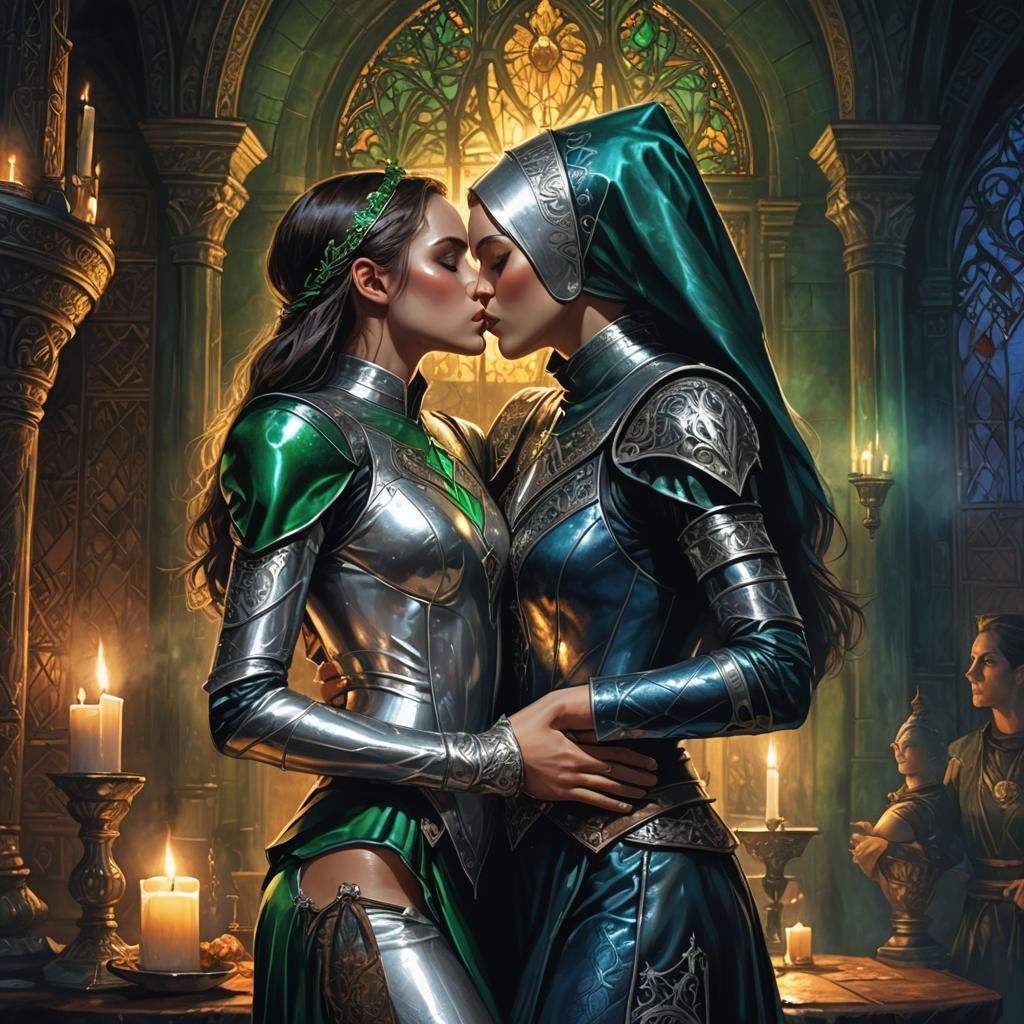 Mystical Kiss in Candlelit Chamber: Fantasy Art
