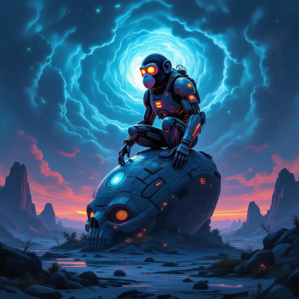 Biomechanical Monkey on Alien Artifact in Cosmic Style
