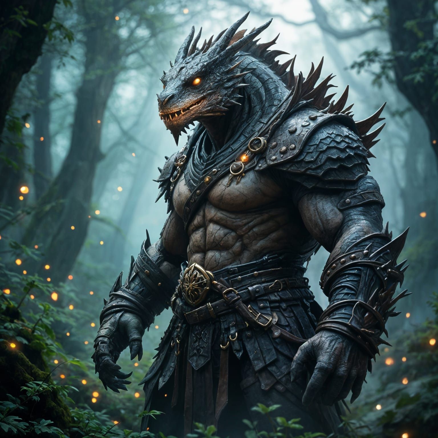 Humanoid Dragon Knight in Mysterious Forest Setting