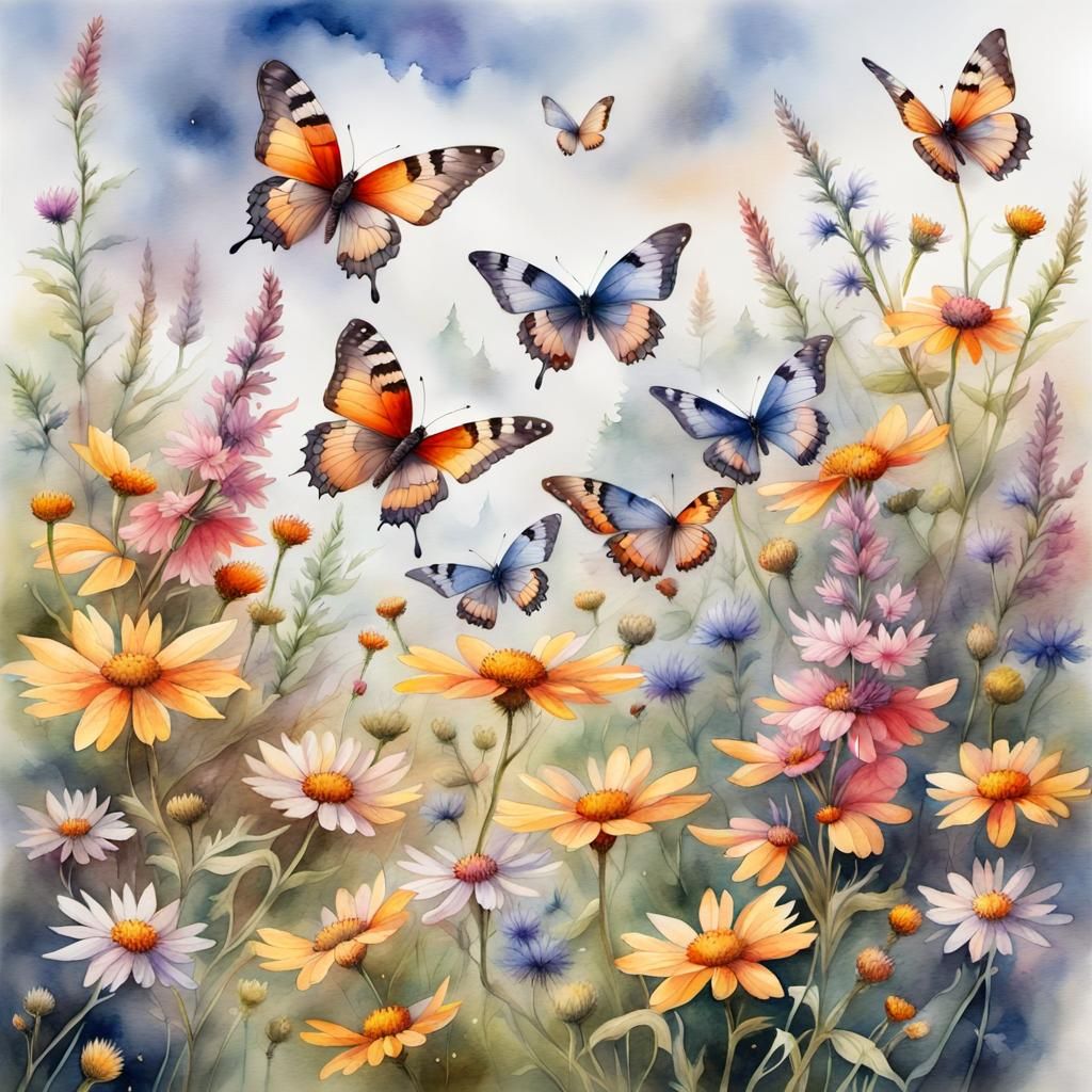 Watercolor Butterflies Over Wildflower Meadow