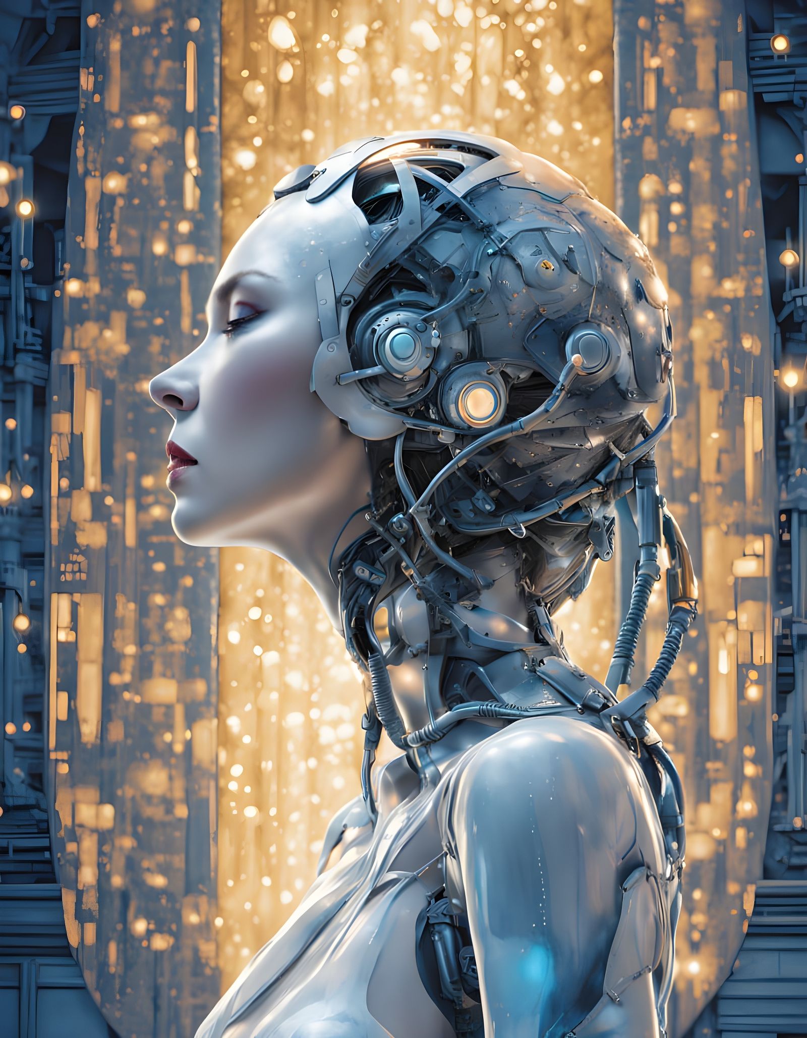 Art Deco Robot Woman Holding Stars