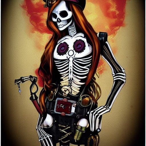 Steampunk Skeleton Girl with Tattoo