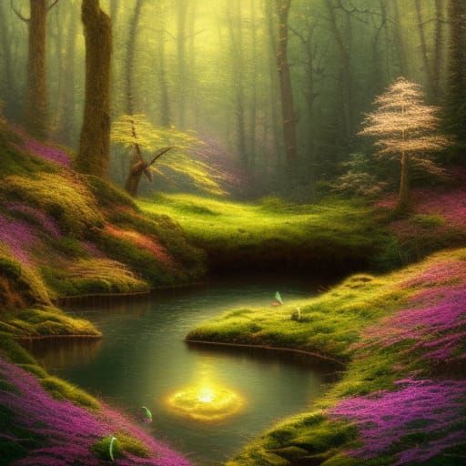 Mystical Hidden Lake in Forest, Digital Art