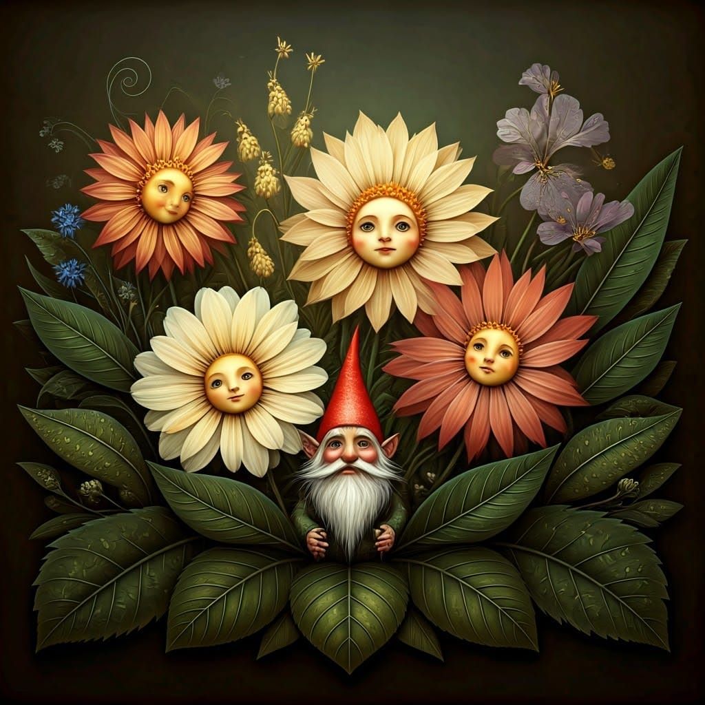 Flowers, Gnomes, and Duendes in Folk-Art Style