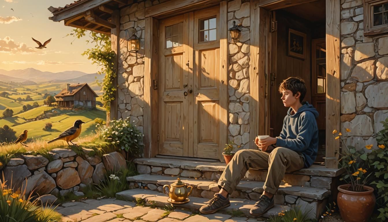 Boy Sipping Tea in Sunlit Landscape Painting