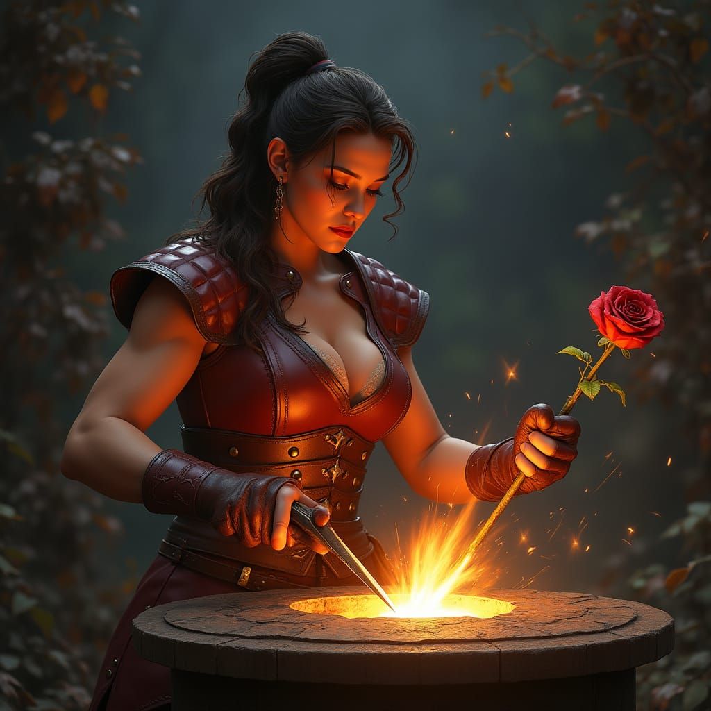 Musclee Blacksmith Standing Before Her Forge, Wielding Hamme...