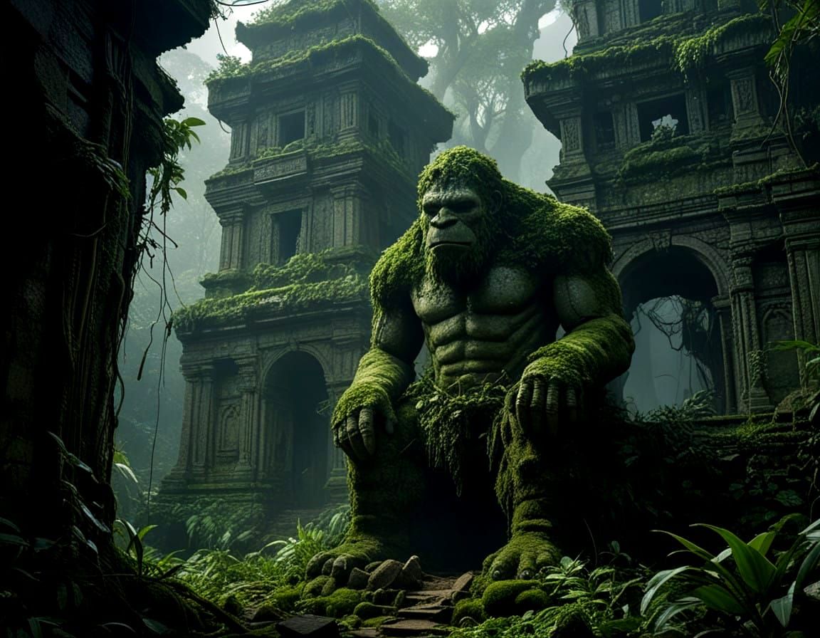 Ancient Temple Golem Emerge from Misty Jungle Ruins