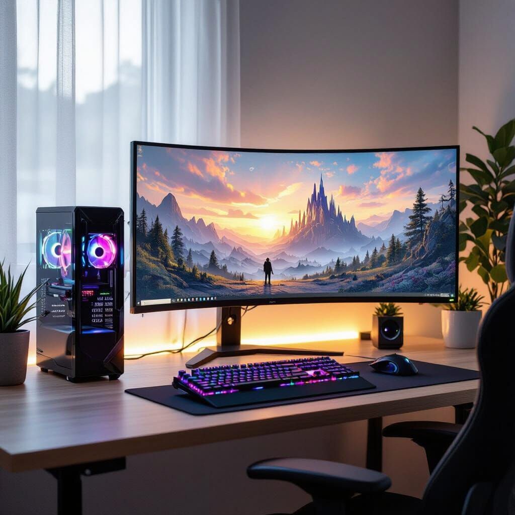 Elegant Gamer Desk with RGB Keyboard & Curved Monitor