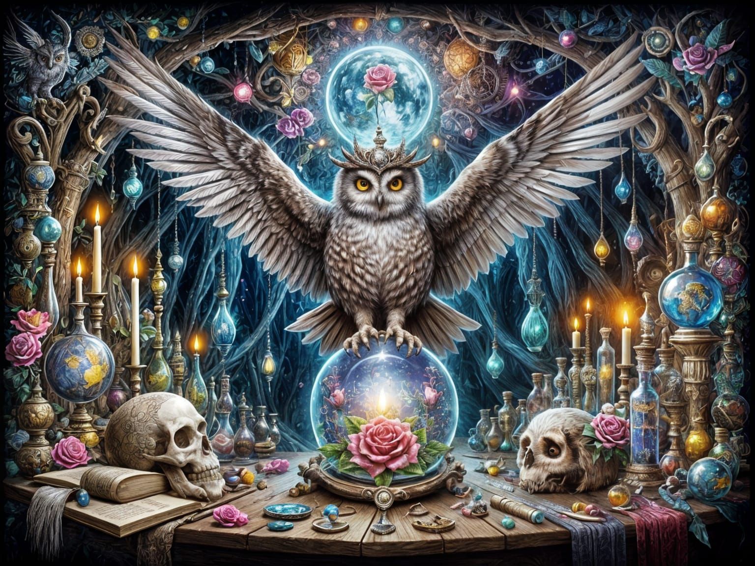 Mystical Owl Perched on Crystal Ball: India Ink Art