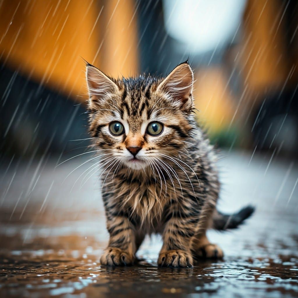 Wet Kitten in Rainy Alley: Professional Photography