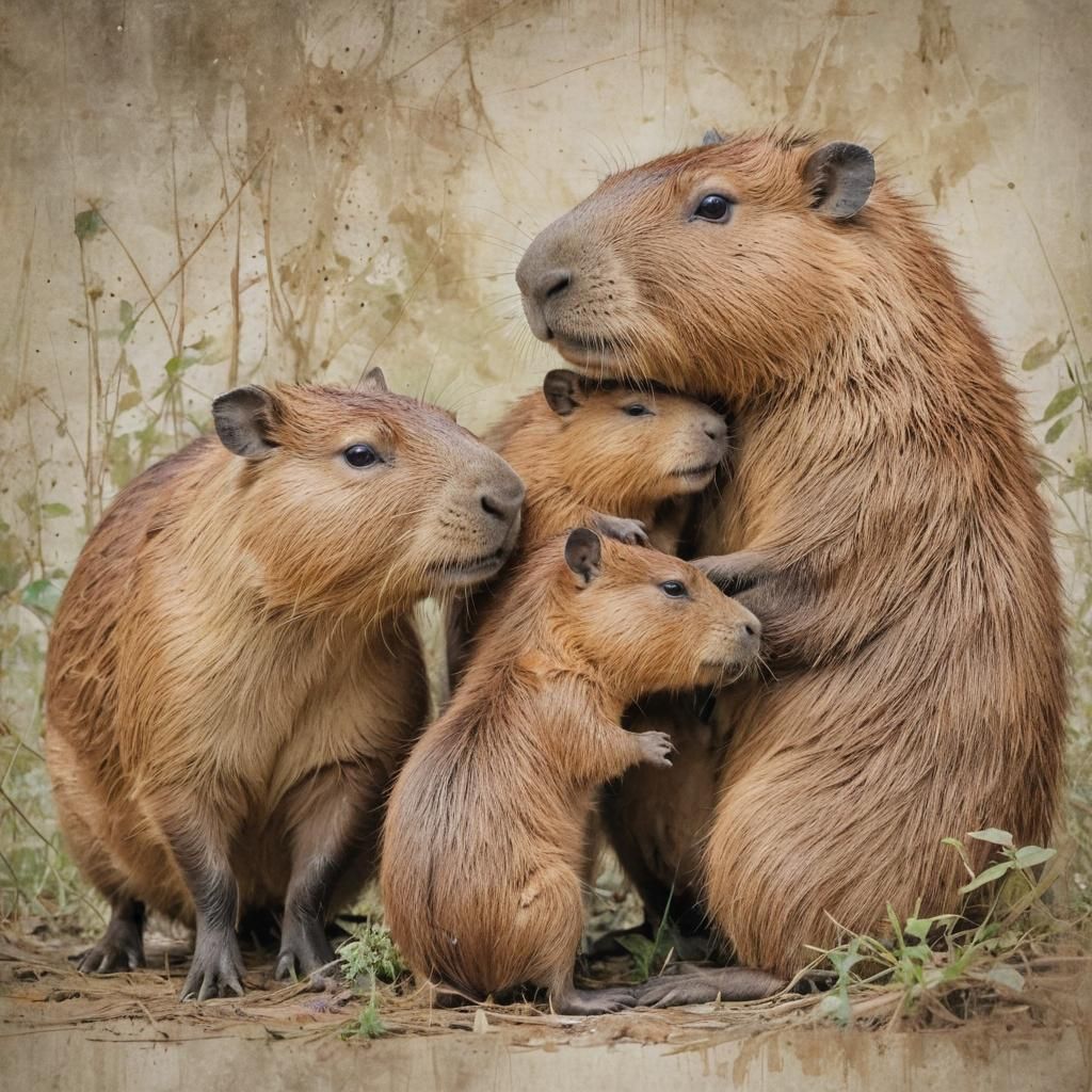 Adorable Capybara Family Portrait in Natural Tones