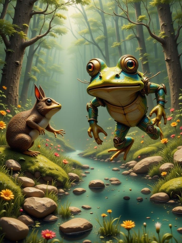 Frog's Surprise: Steampunk Forest Encounter in Hyperrealism