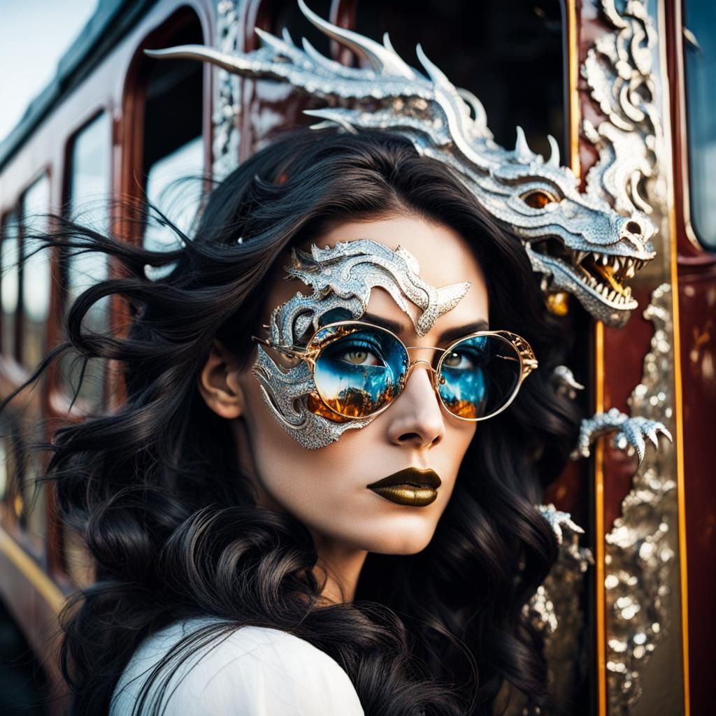 Model on 1970s Train in Double Exposure Style