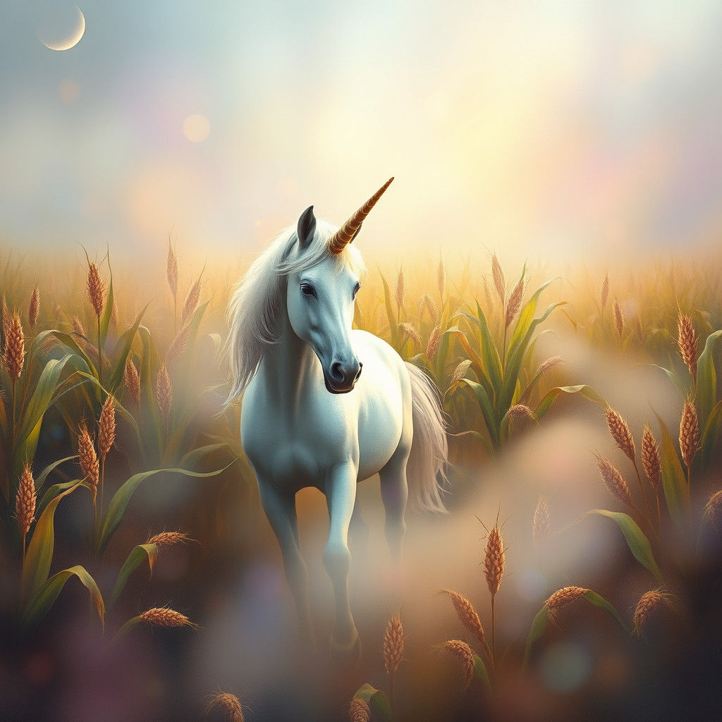 Dreamlike Unicorn in Cornfield: A Surrealist Painting